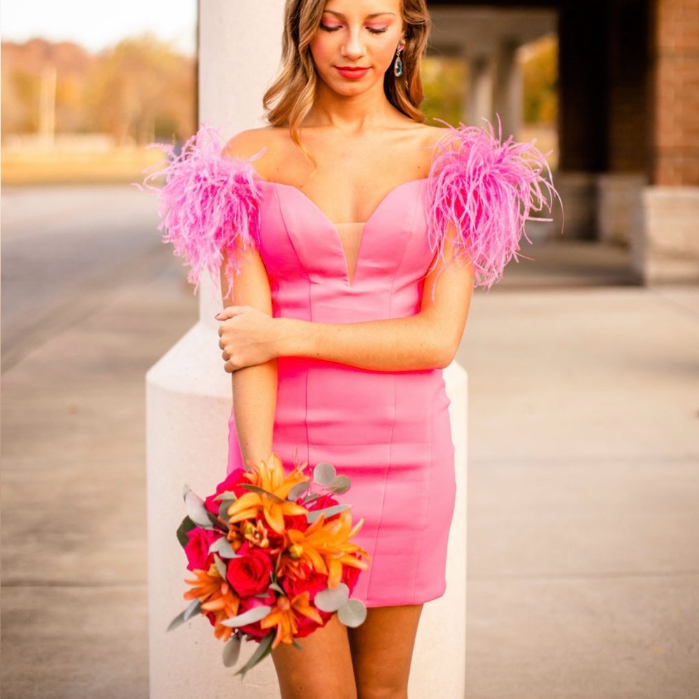 Elegant Pink Off-Shoulder Dress with Feather Details